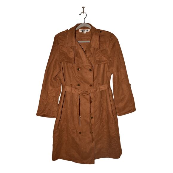 VICKY TIEL $390 Brown Faux Suede Double Breasted Belted Trench Coat XL - Picture 1 of 3